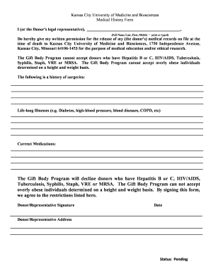 Medical History Form for Body Donation