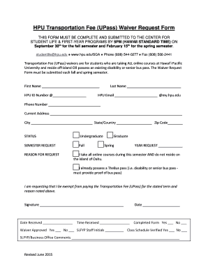 HPU Transportation Fee Waiver Request Form