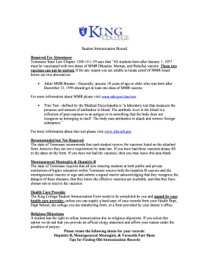 Tennessee Student Immunization Record