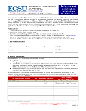 Financial Aid Verification Worksheet