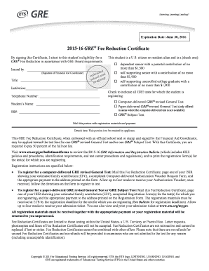 GRE Fee Reduction Certificate