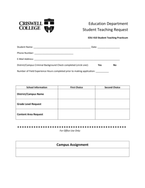 Student Teaching Request Form