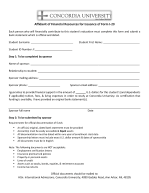 Affidavit of Financial Resources for Form I-20
