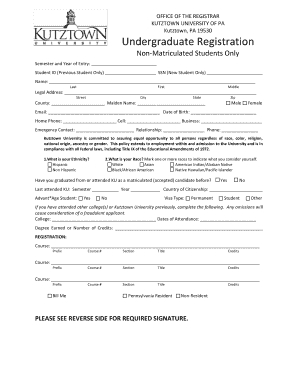 Kutztown University Undergraduate Registration Form