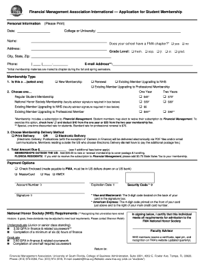 Financial Management Association Student Membership Application