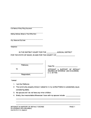 Affidavit in Support of Default Divorce Decree (No Children)