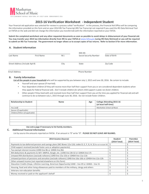 2015-16 Verification Worksheet - Independent Student