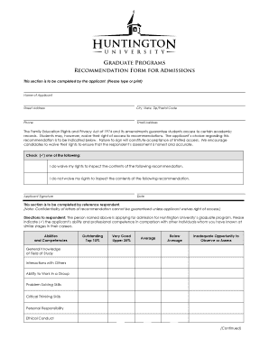 Huntington University Graduate Program Recommendation Form