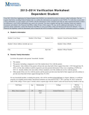 2013–2014 Verification Worksheet for Dependent Student