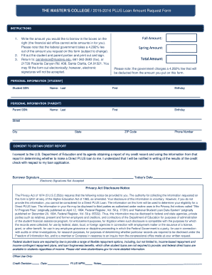 2015-2016 PLUS Loan Amount Request Form