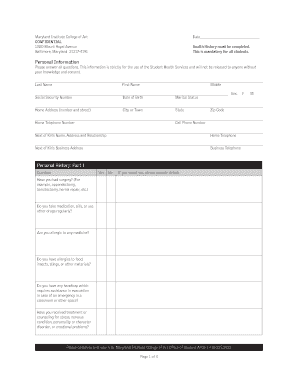 Maryland Institute College of Art Student Health History Form