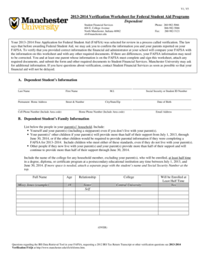 2013-2014 Verification Worksheet for Federal Student Aid