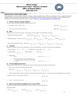 Menlo College Immunization Record Form