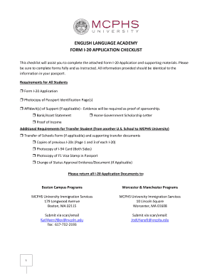 Form I-20 Application Checklist