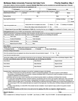 McNeese State University Financial Aid Data Form