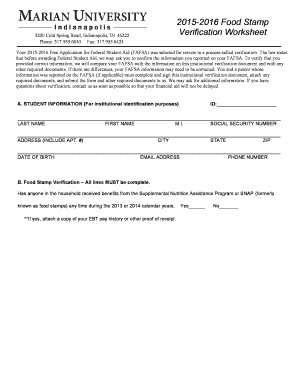 2015-2016 Food Stamp Verification Worksheet