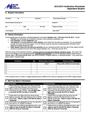 2013-2014 Verification Worksheet Dependent Student