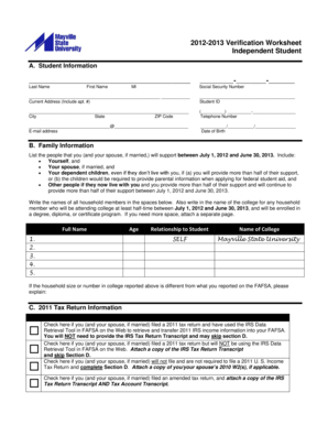 2012-2013 Independent Student Verification Worksheet