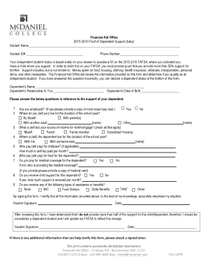 2015-2016 Proof of Dependent Support Form