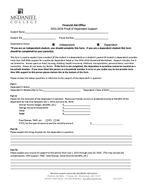 2015-2016 Proof of Dependent Support Form