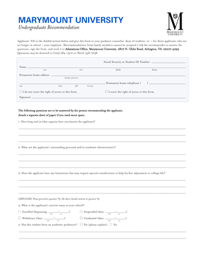 Marymount University Undergraduate Recommendation Form