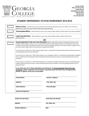 Student Dependency Status Worksheet 2015-2016