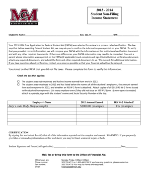Student Non-Filing Income Statement