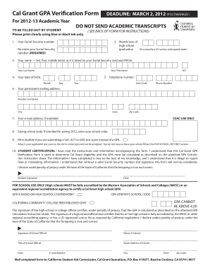 Cal Grant GPA Verification Form