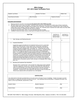 Mills College 2011-2012 Asset Verification Form