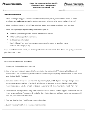 Kaiser Permanente Student Health Plan Enrollment Form