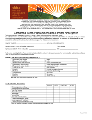Confidential Teacher Recommendation Form for Kindergarten