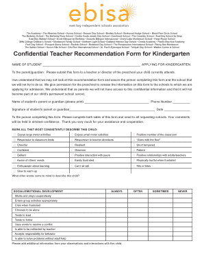 Confidential Teacher Recommendation Form for Kindergarten