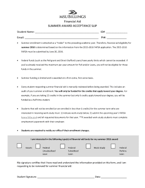 Summer Award Acceptance Slip