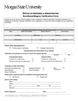 Morgan State University Enrollment Verification Form