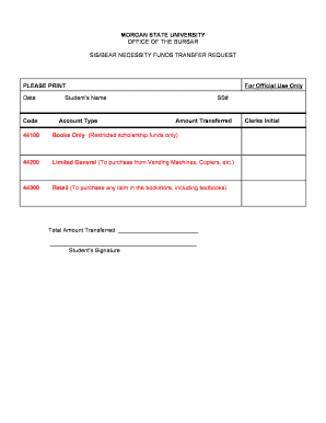 SIS/Bear Necessity Funds Transfer Request