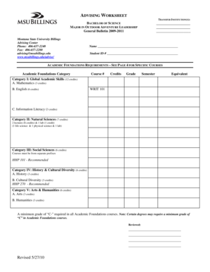Montana State University Advising Worksheet