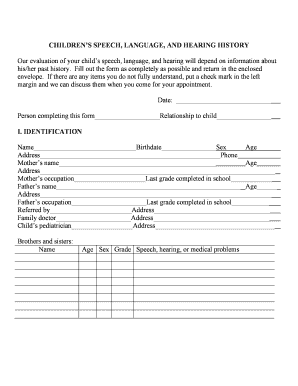 Children's Speech Language and Hearing History Form