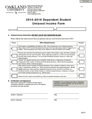 2015–2016 Dependent Student Untaxed Income Form