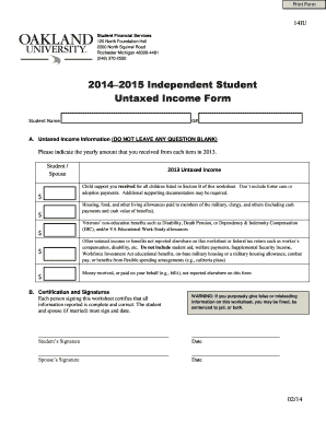 2014–2015 Independent Student Untaxed Income Form