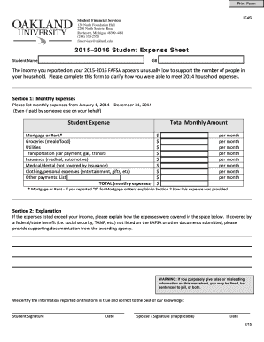 2015–2016 Student Expense Sheet