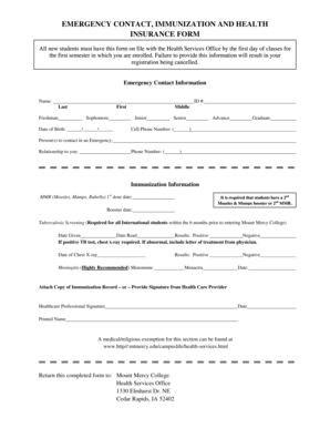 Emergency Contact Immunization and Health Insurance Form