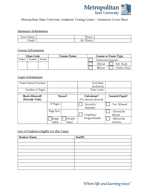 Instructor Cover Sheet for Academic Testing