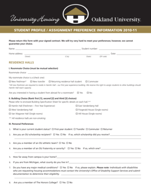 Oakland University Student Housing Assignment Form