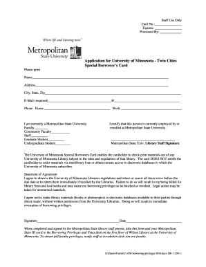 University of Minnesota Special Borrower's Card Application