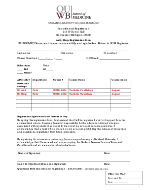 Oakland University Add/Drop Registration Form