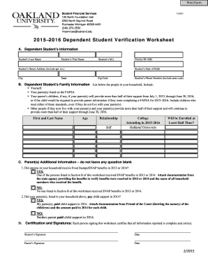 2015–2016 Dependent Student Verification Worksheet