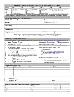 Nevada System of Higher Education Personal Data Form