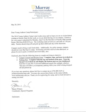 MSU Summer Youth Programs Camper Consent and Release Form
