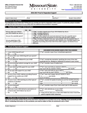 2016-2017 Proof of Dependent Support Form
