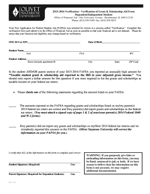 2015-2016 Verification of Grant & Scholarship Aid Form